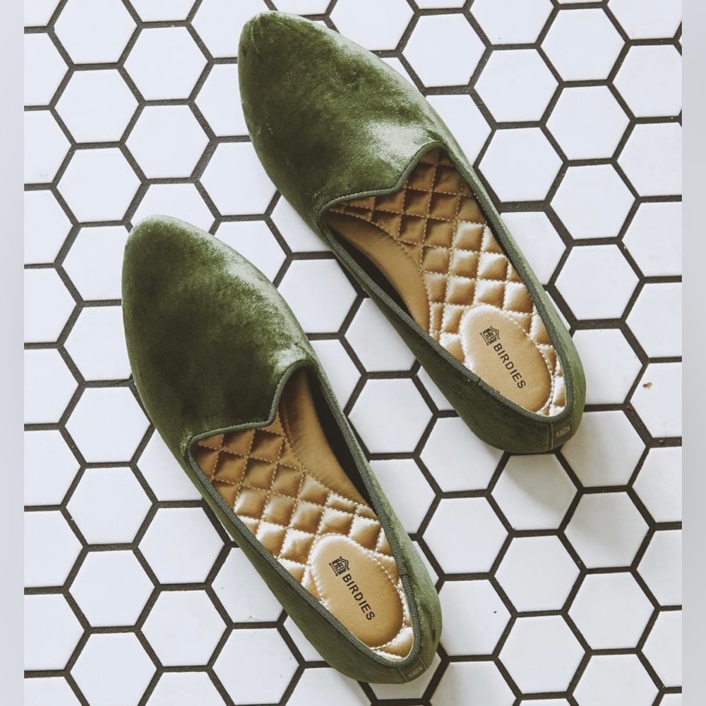 RARE & RETIRED Birdies HERON Olive Luxe Velvet Smoking Flats/Loafers/Slippers - Picture 2 of 16